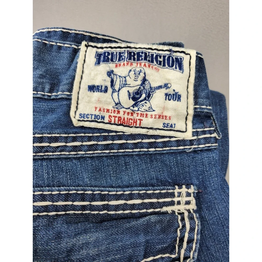 True Religion Straight Jeans Mens 38x33 Blue Big T Stitch Flap‎ Pocket USA Made